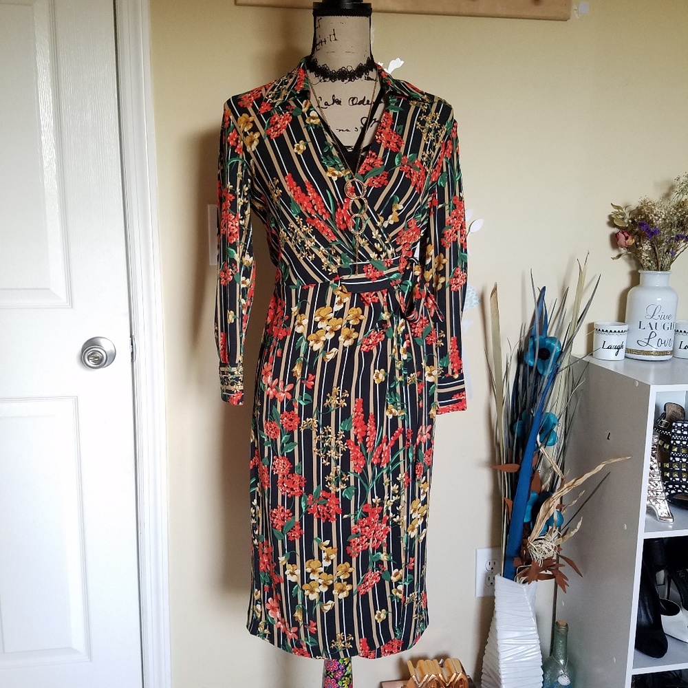 Zara Striped Floral Wrap Dress Midi New XS